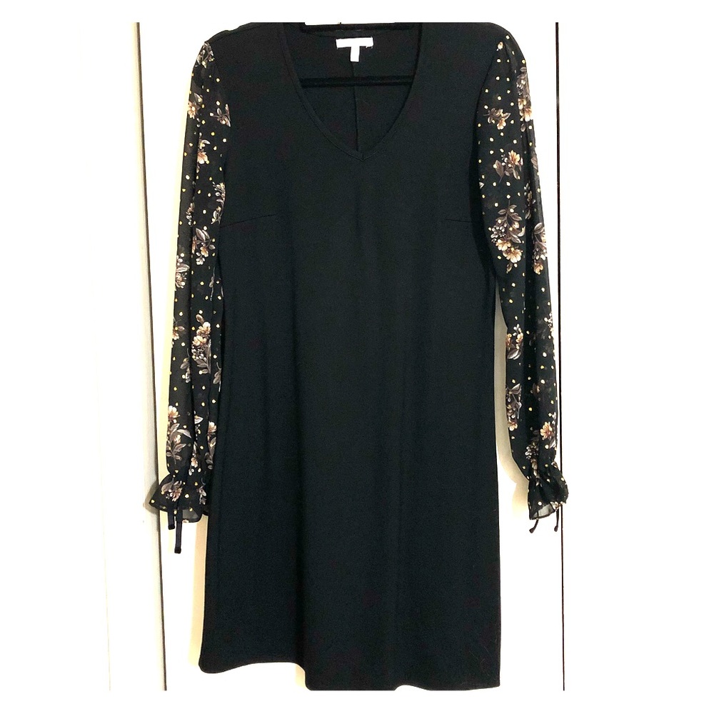 Black Shift Dress with Floral Dot Mesh Sleeves